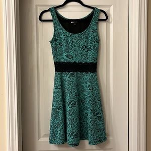 Turquoise and black lace floral dress.